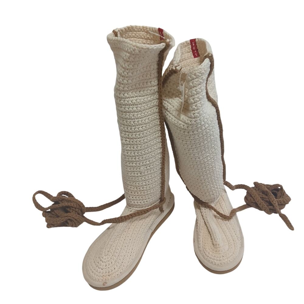 LIVS Crochet Tall Boots Womens 6 Beige Lace Up Boho Handmade Chunky Rubber Sole